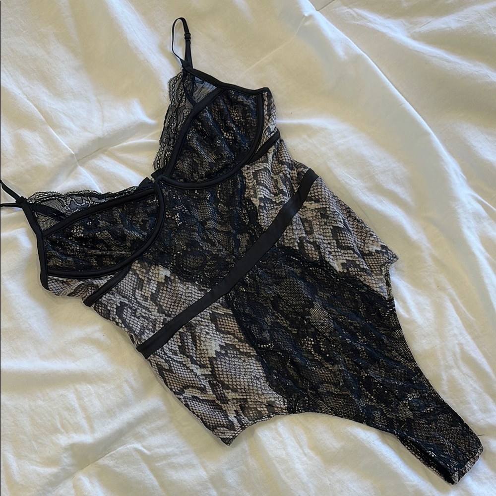 AFRM Black Lace And Snakeskin Bodysuit